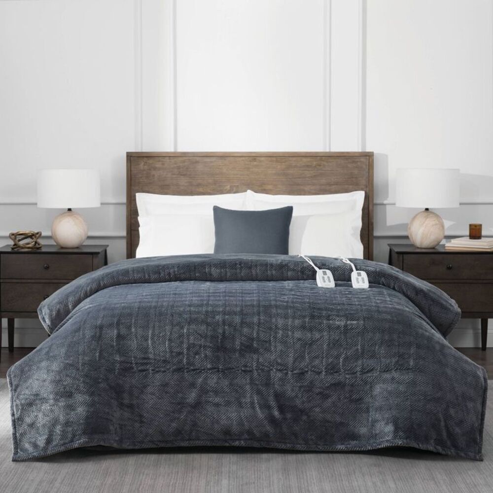 Brookstone Full/Queen Heated Micro Herringbone Blanket Gray
